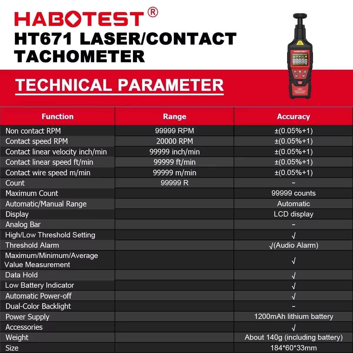 HABOTEST HT671 2-in-1 Digital  - đánh giá và giá Industrial Laser Tachometer